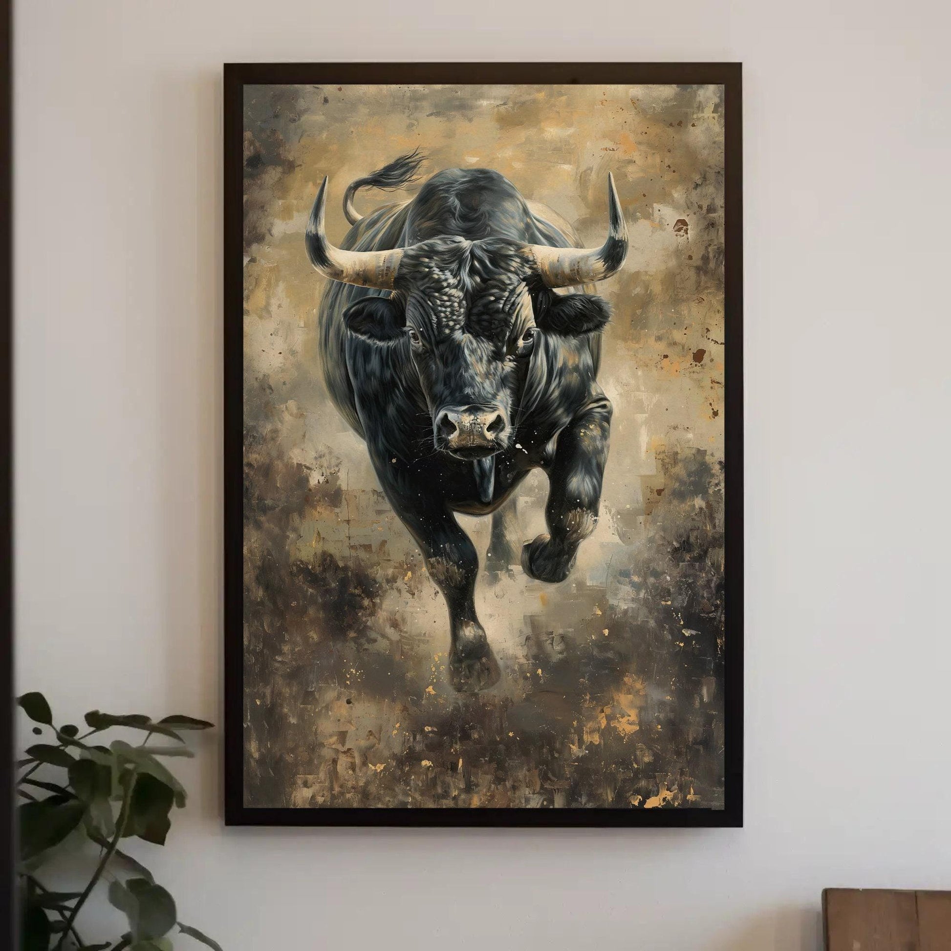 Bull Wall Art Large Canvas Decor Angry Bull Running Painting Black Bull Art Framed Canvas Print Man Cave Decor Ready To Hang Wall Art – Canvas Print
