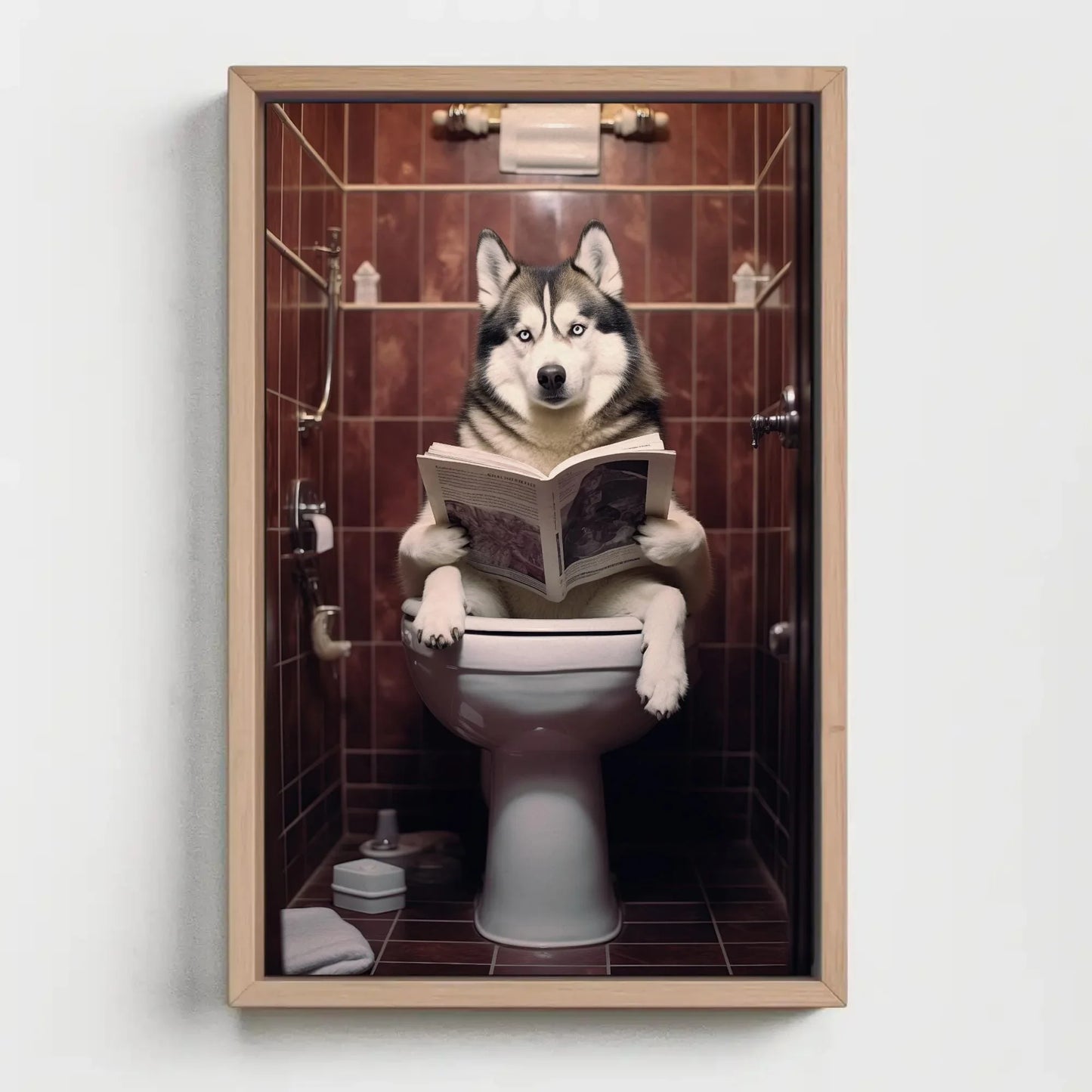 Husky Dog Reading Newspaper on Toilet Canvas Print - Toilet Humor - Whimsical Bathroom Art - Funny Animal Print - HQ Ready to Hang Wall Art – Canvas Print