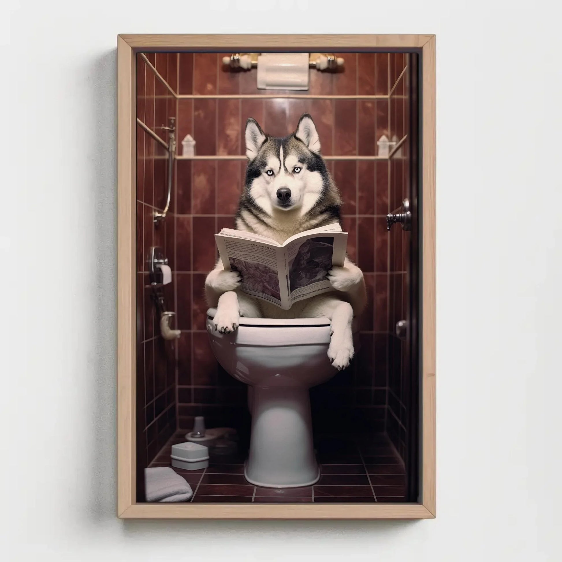 Husky Dog Reading Newspaper on Toilet Canvas Print - Toilet Humor - Whimsical Bathroom Art - Funny Animal Print - HQ Ready to Hang Wall Art – Canvas Print
