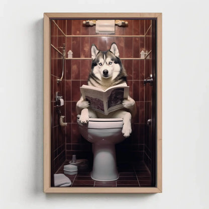 Husky Dog Reading Newspaper on Toilet Canvas Print - Toilet Humor - Whimsical Bathroom Art - Funny Animal Print - HQ Ready to Hang Wall Art – Canvas Print