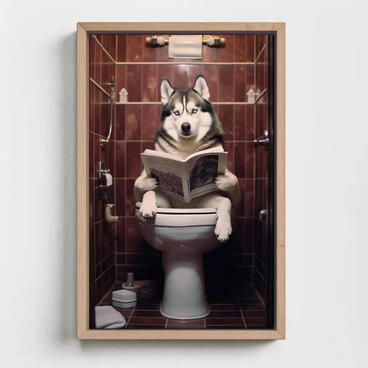Husky Dog Reading Newspaper on Toilet Canvas Print - Toilet Humor - Whimsical Bathroom Art - Funny Animal Print - HQ Ready to Hang Wall Art – Canvas Print