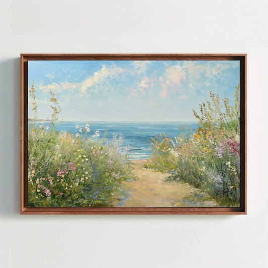 Coastal Wildflowers Vintage Oil Painting, Framed Print, Summer Canvas Art, Beach Wall Decor, Ready to Hang, for Living Room or Bedroom Wall Art – Canvas Print