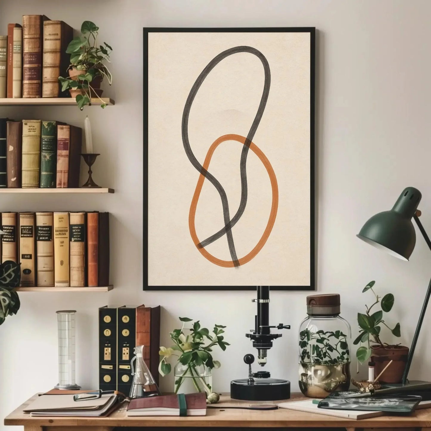 Minimalist Abstract Art | Interlocking Shapes Canvas | Modern Line Drawing | Black and Orange Print for Japandi or Boho Home Wall Art – Canvas Print