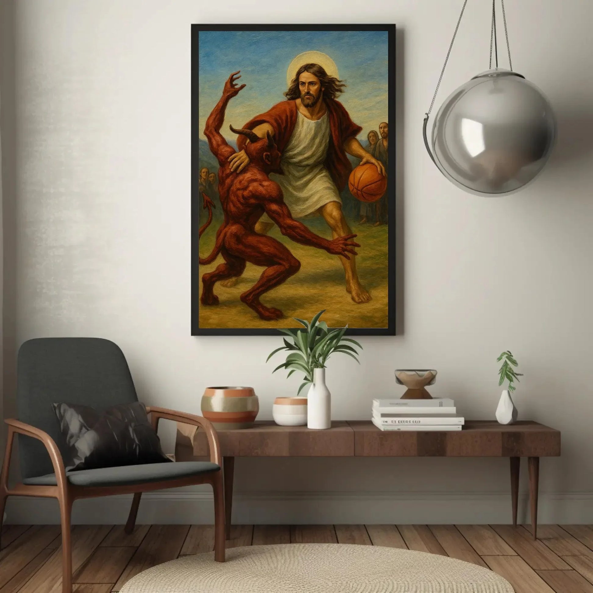 Funny jesus basketball canvas painting wall art for game room or ironic christian decor with devil one on one sports parody print Wall Art – Canvas Print