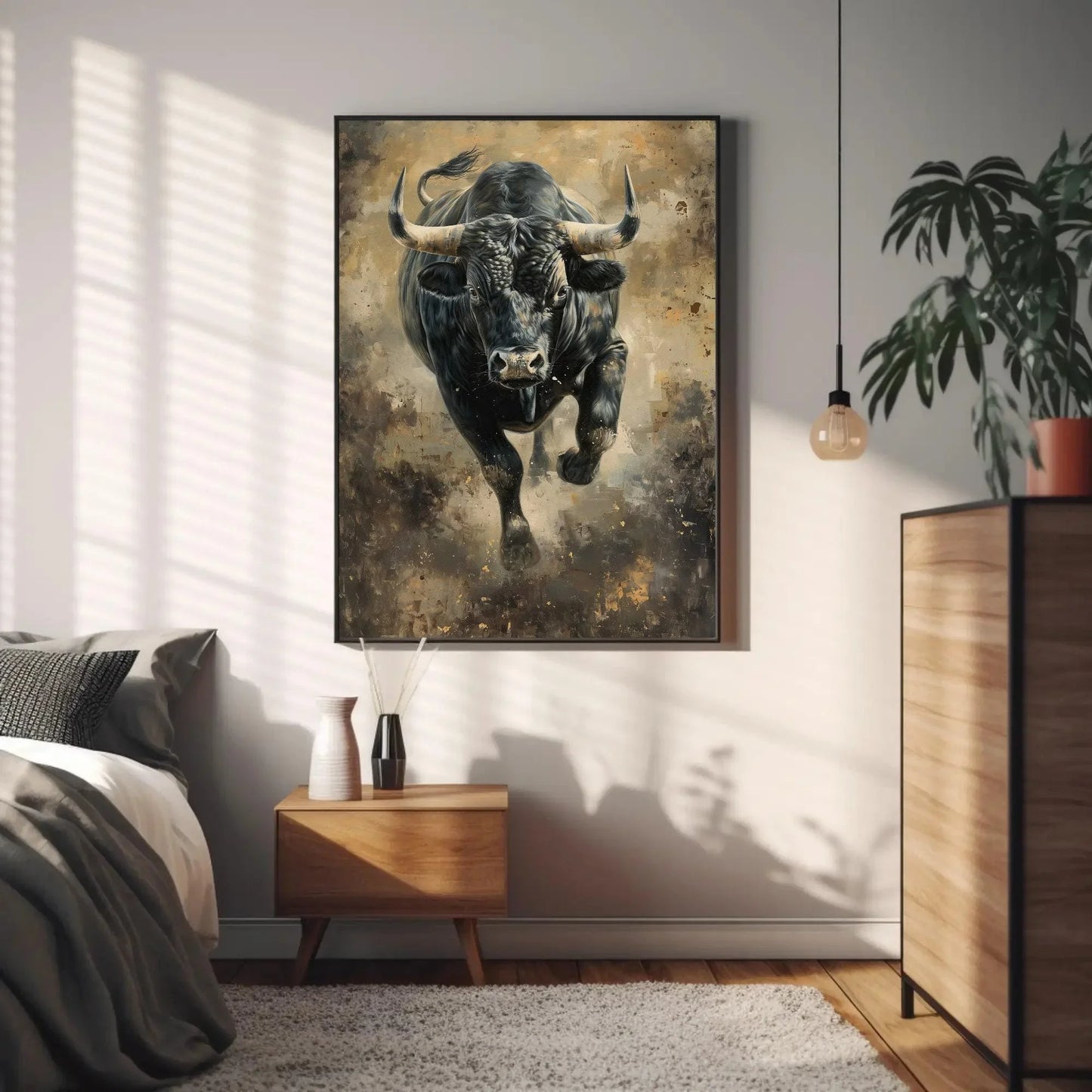 Bull Wall Art Large Canvas Decor Angry Bull Running Painting Black Bull Art Framed Canvas Print Man Cave Decor Ready To Hang Wall Art – Canvas Print