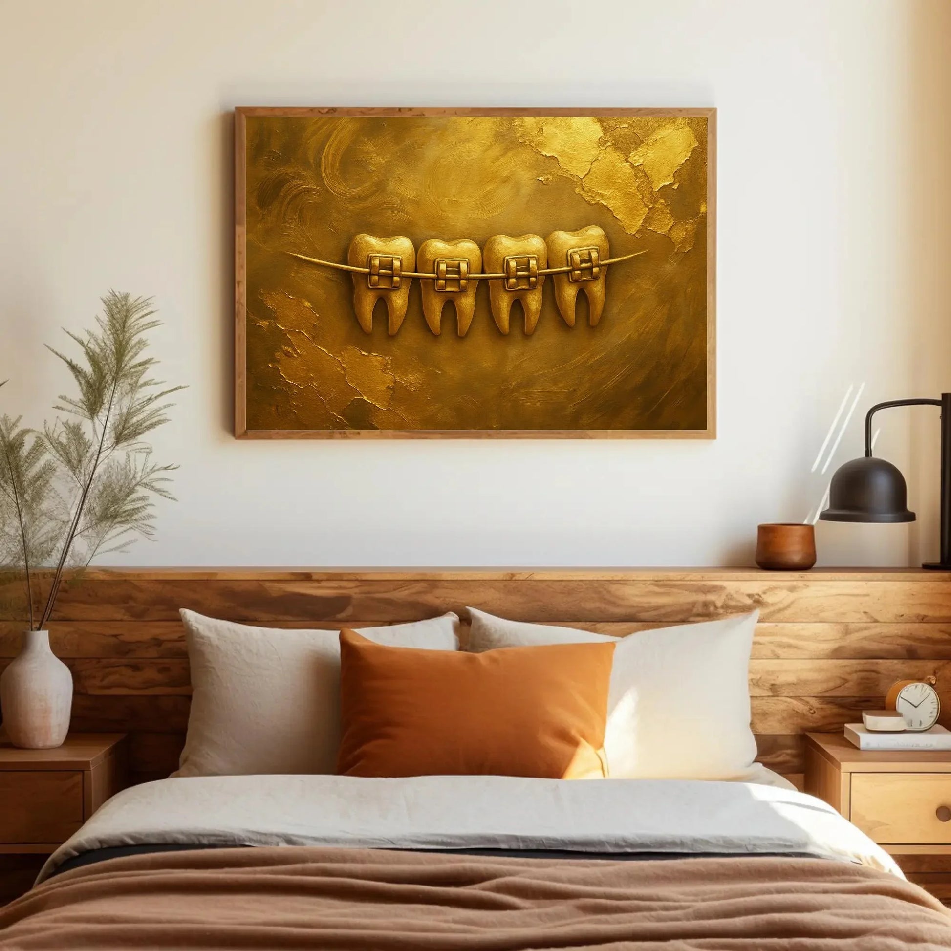 Gold Dental Art Print | Luxury Orthodontist Office Decor | Golden Teeth with Braces Canvas | Metallic 3D Textured Wall Art for Clinic Wall Art – Canvas Print