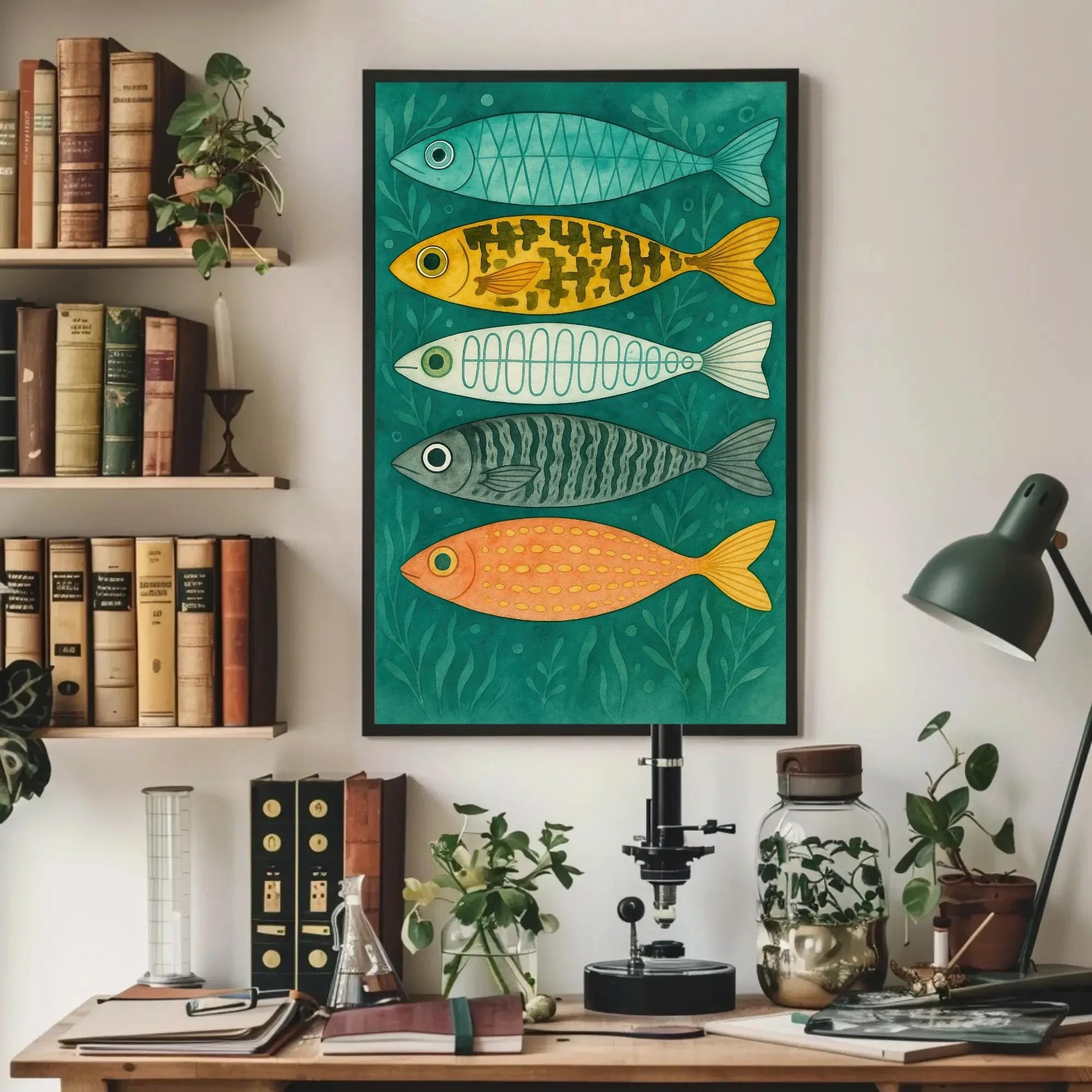 Colorful Fish Wall Art | Coastal Nursery Decor Print | Whimsical Kids Bathroom Art | Scandinavian Folk Art Fish Canvas Wall Art – Canvas Print