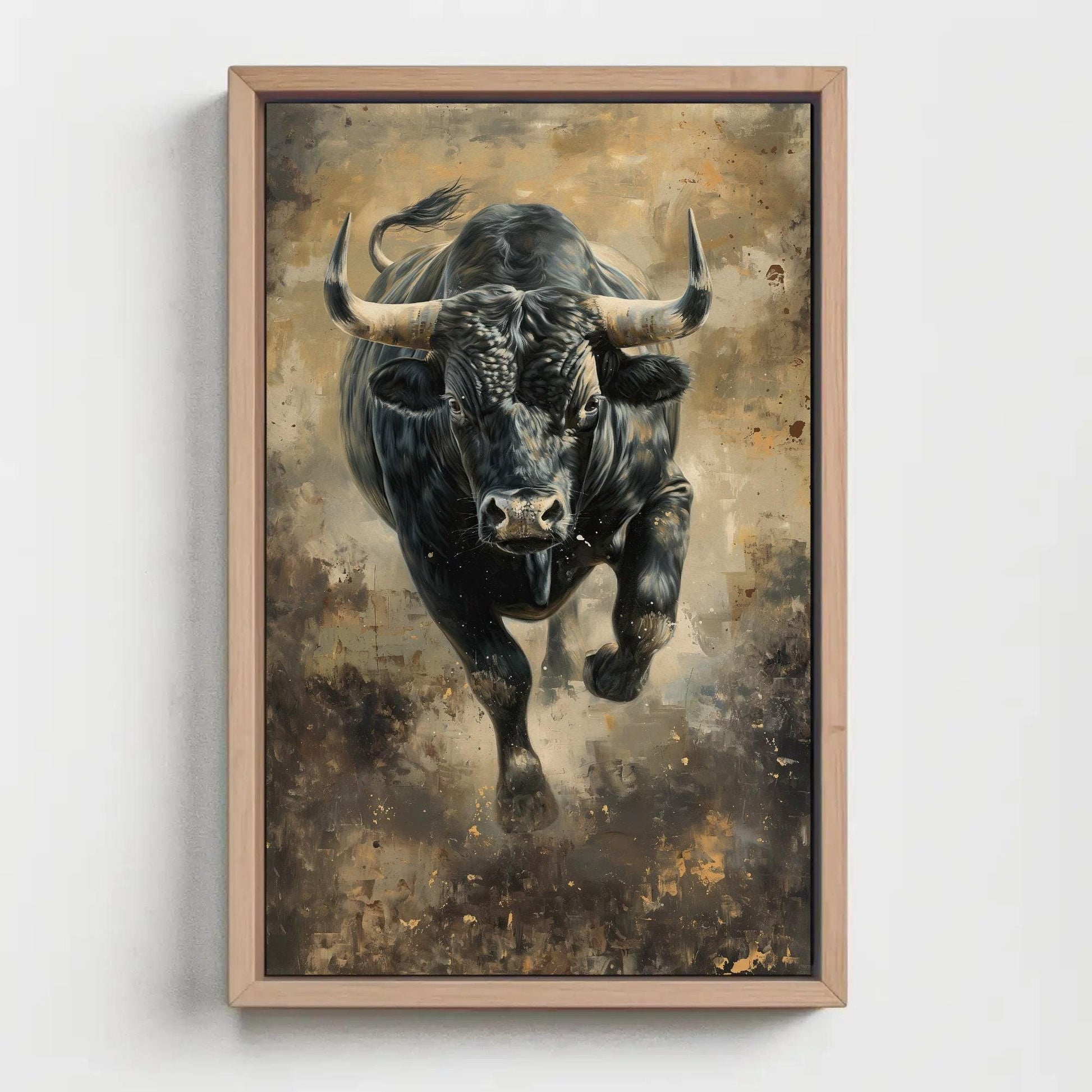 Bull Wall Art Large Canvas Decor Angry Bull Running Painting Black Bull Art Framed Canvas Print Man Cave Decor Ready To Hang Wall Art – Canvas Print