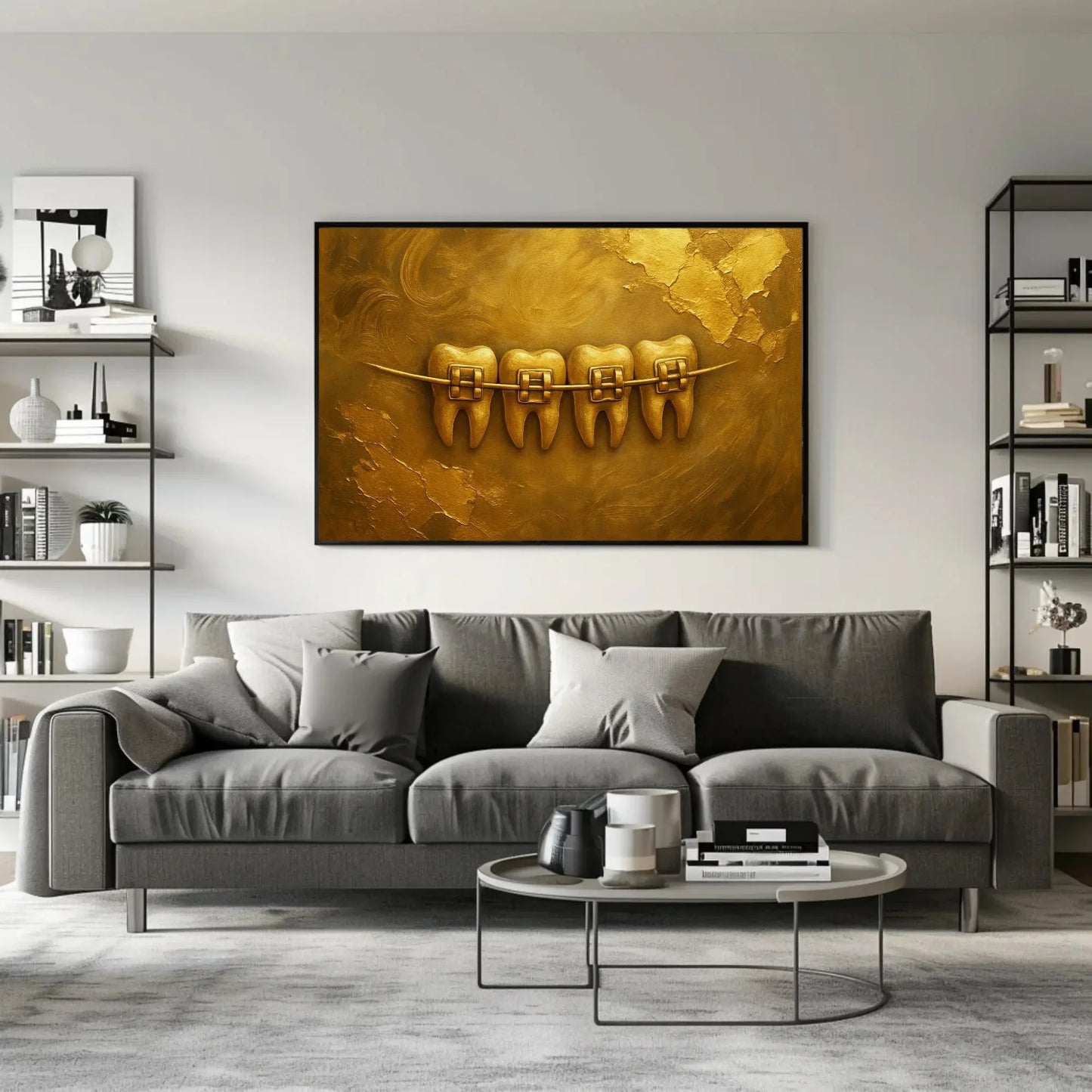Gold Dental Art Print | Luxury Orthodontist Office Decor | Golden Teeth with Braces Canvas | Metallic 3D Textured Wall Art for Clinic Wall Art – Canvas Print