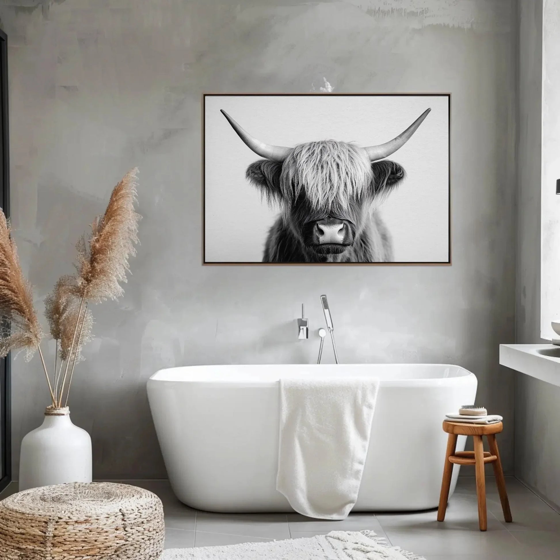 Majestic Highland Cow Canvas Print, Vintage Barn Wall Art, Cozy Rustic Farmhouse Photography for Living Room or Office Wall Art – Canvas Print