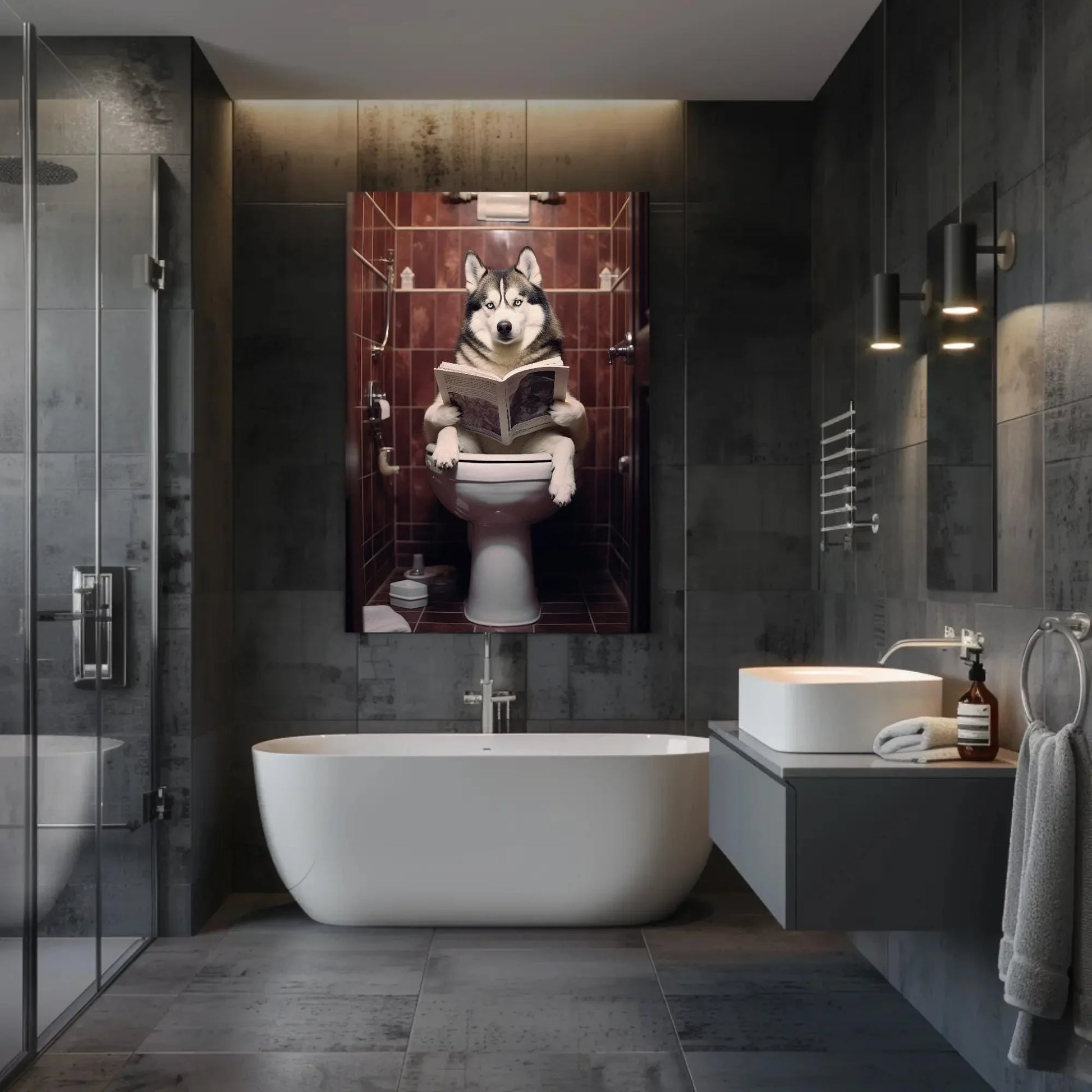 Husky Dog Reading Newspaper on Toilet Canvas Print - Toilet Humor - Whimsical Bathroom Art - Funny Animal Print - HQ Ready to Hang Wall Art – Canvas Print