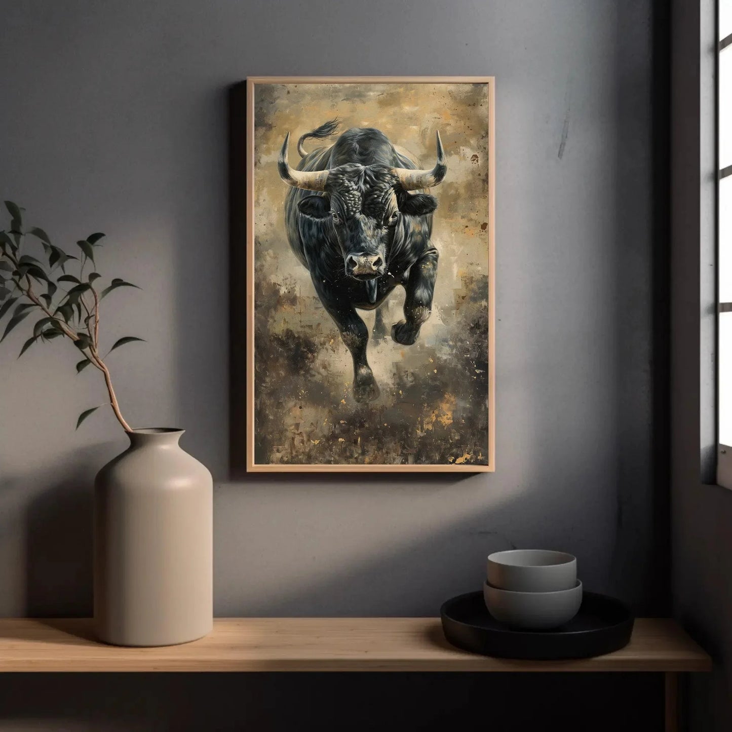 Bull Wall Art Large Canvas Decor Angry Bull Running Painting Black Bull Art Framed Canvas Print Man Cave Decor Ready To Hang Wall Art – Canvas Print