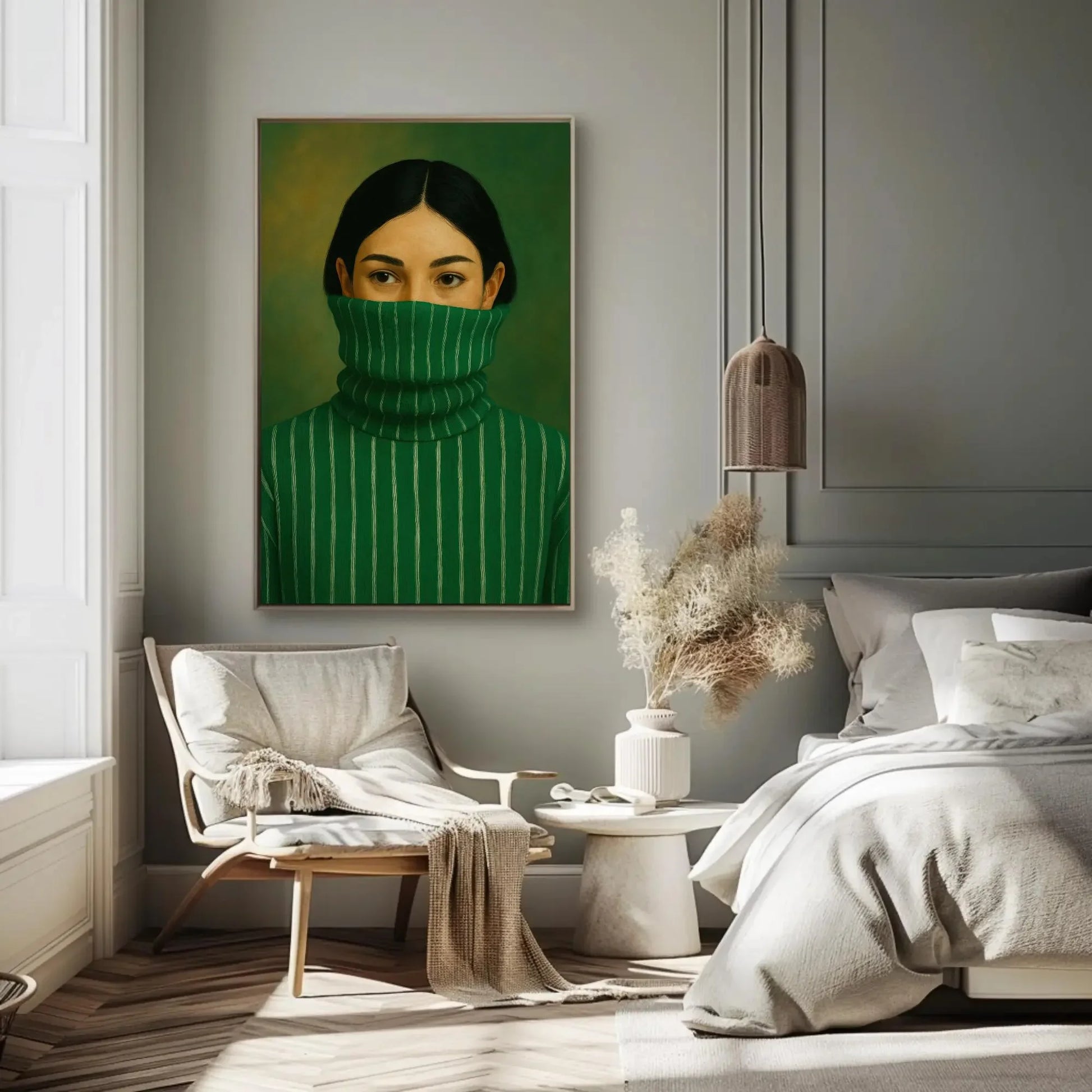 Modern Woman Portrait | Minimalist Green Wall Art | Mysterious Woman in Turtleneck Print | Chic Contemporary Fashion Poster Wall Art – Canvas Print