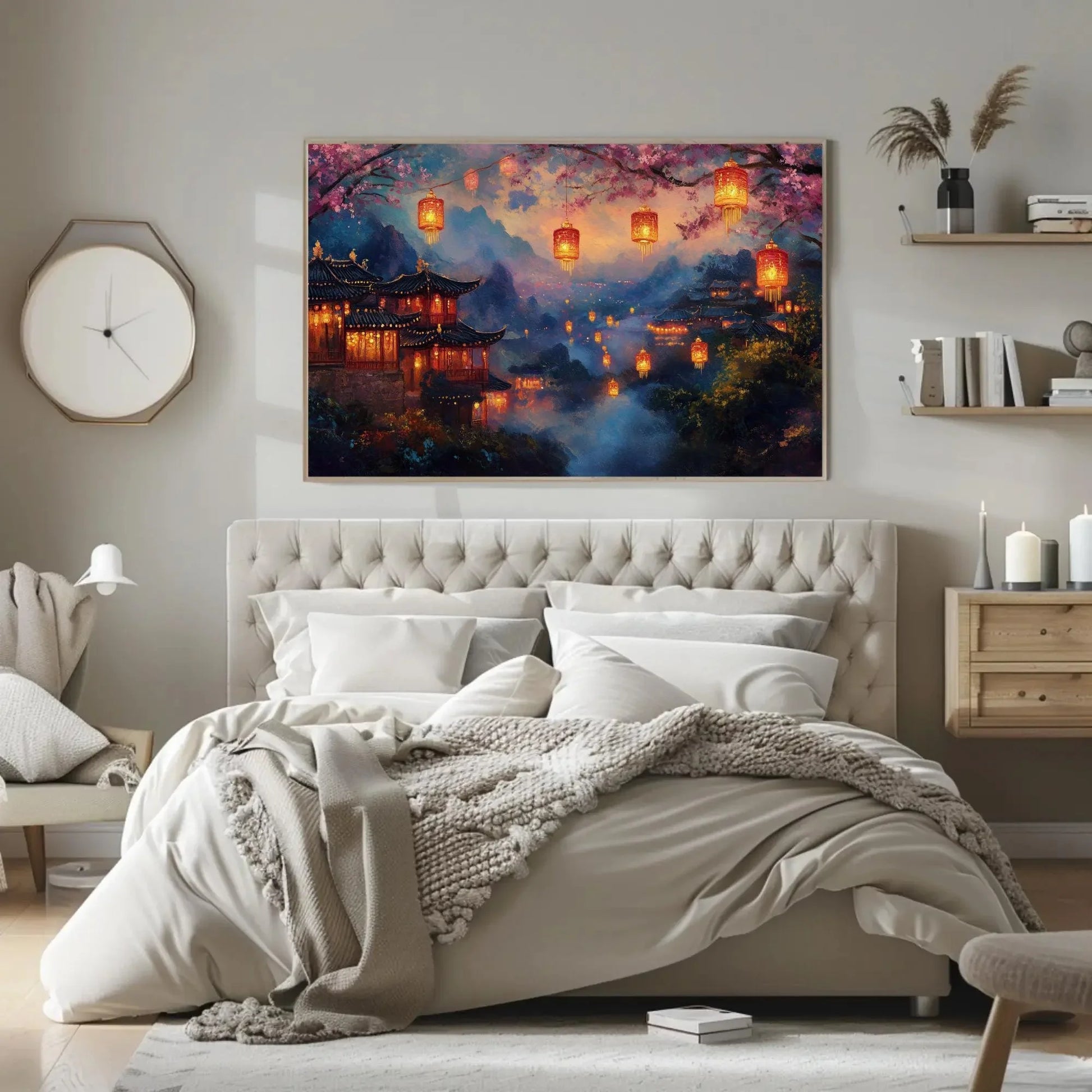 Traditional Chinese Village at Dusk Canvas Print, Glowing Lanterns and Misty Mountains, Serene Asian Landscape Wall Art for Living Room Wall Art – Canvas Print