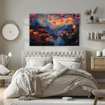 Traditional Chinese Village at Dusk Canvas Print, Glowing Lanterns and Misty Mountains, Serene Asian Landscape Wall Art for Living Room Wall Art – Canvas Print