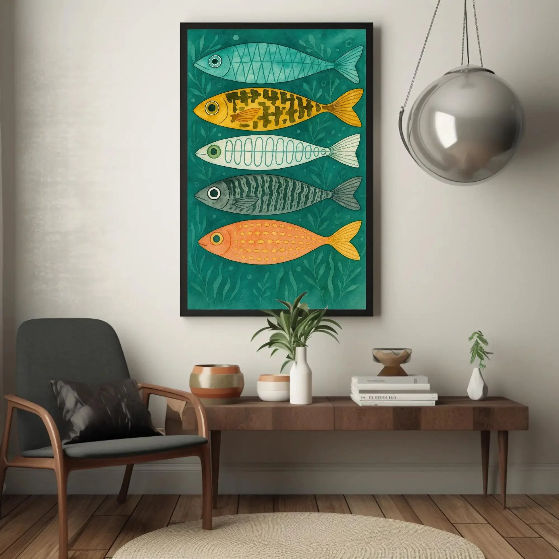 Colorful Fish Wall Art | Coastal Nursery Decor Print | Whimsical Kids Bathroom Art | Scandinavian Folk Art Fish Canvas Wall Art – Canvas Print