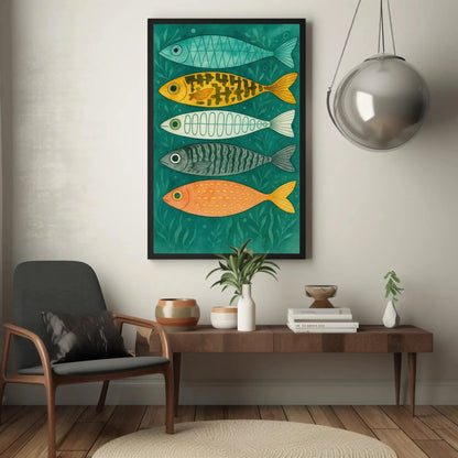Colorful Fish Wall Art | Coastal Nursery Decor Print | Whimsical Kids Bathroom Art | Scandinavian Folk Art Fish Canvas Wall Art – Canvas Print
