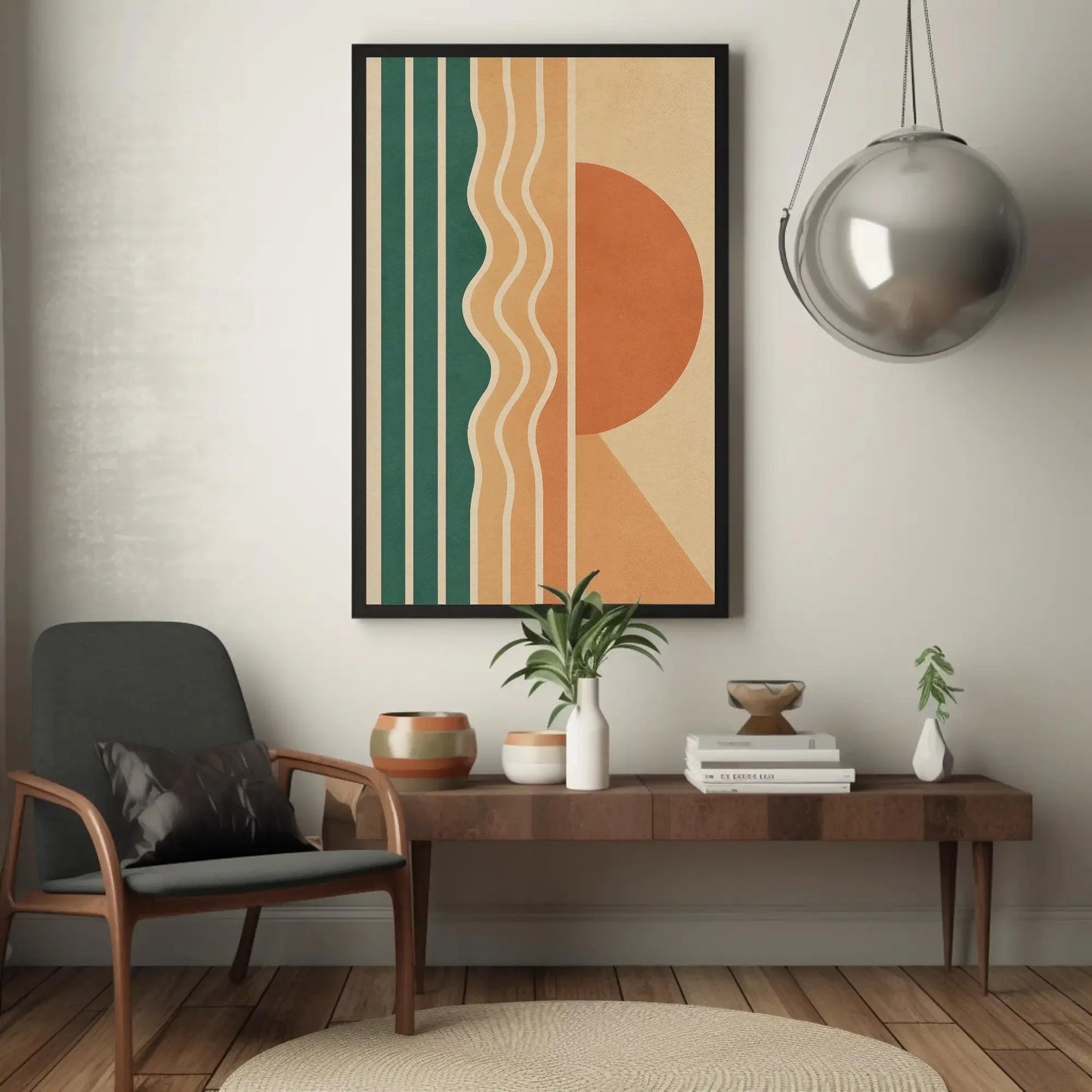 Retro Geometric Wall Art | 70s Style Sun and Waves Print | Mid Century Modern Canvas | Teal and Orange Decor for Living Room Wall Art – Canvas Print