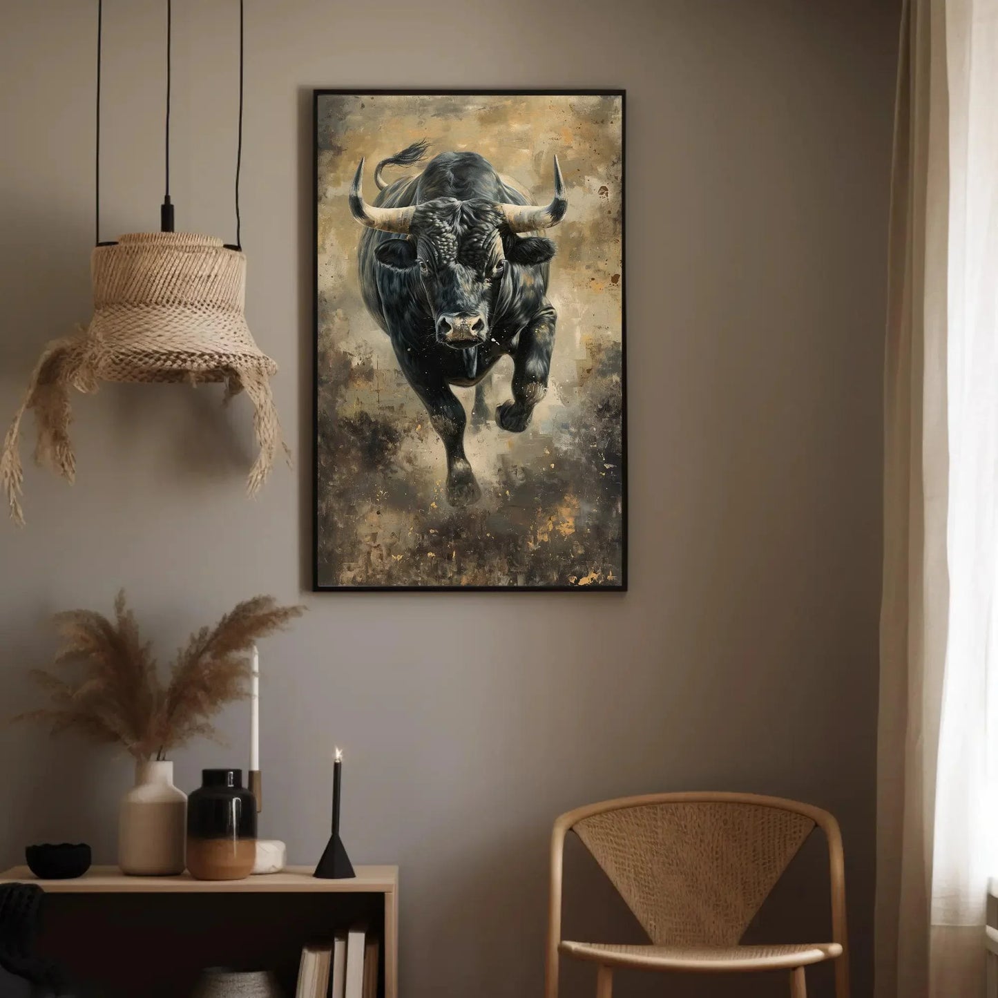 Bull Wall Art Large Canvas Decor Angry Bull Running Painting Black Bull Art Framed Canvas Print Man Cave Decor Ready To Hang Wall Art – Canvas Print
