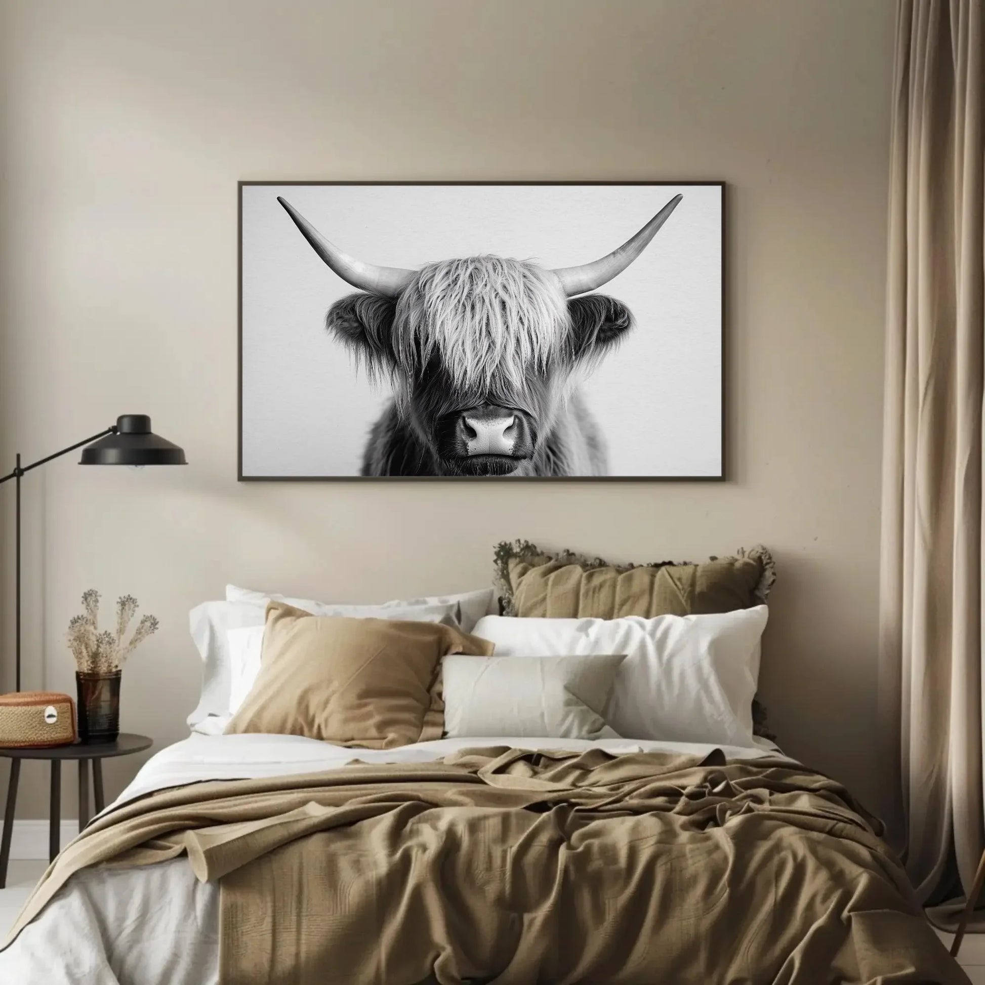 Majestic Highland Cow Canvas Print, Vintage Barn Wall Art, Cozy Rustic Farmhouse Photography for Living Room or Office Wall Art – Canvas Print