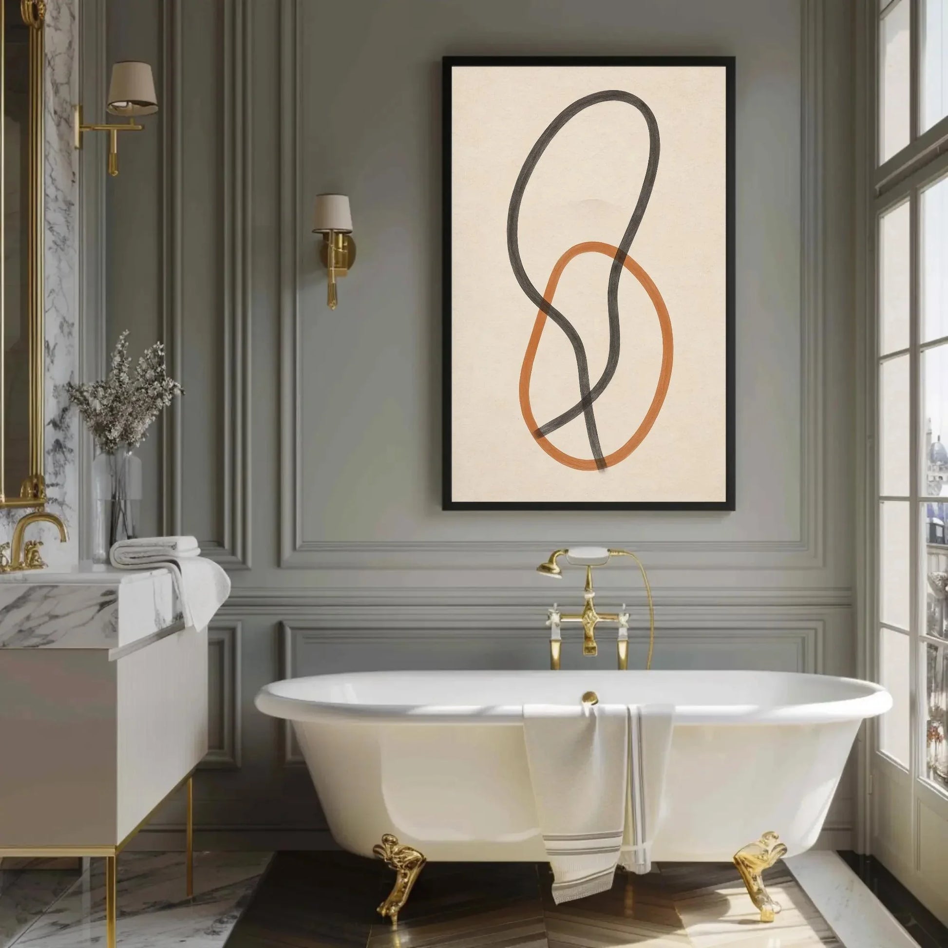 Minimalist Abstract Art | Interlocking Shapes Canvas | Modern Line Drawing | Black and Orange Print for Japandi or Boho Home Wall Art – Canvas Print