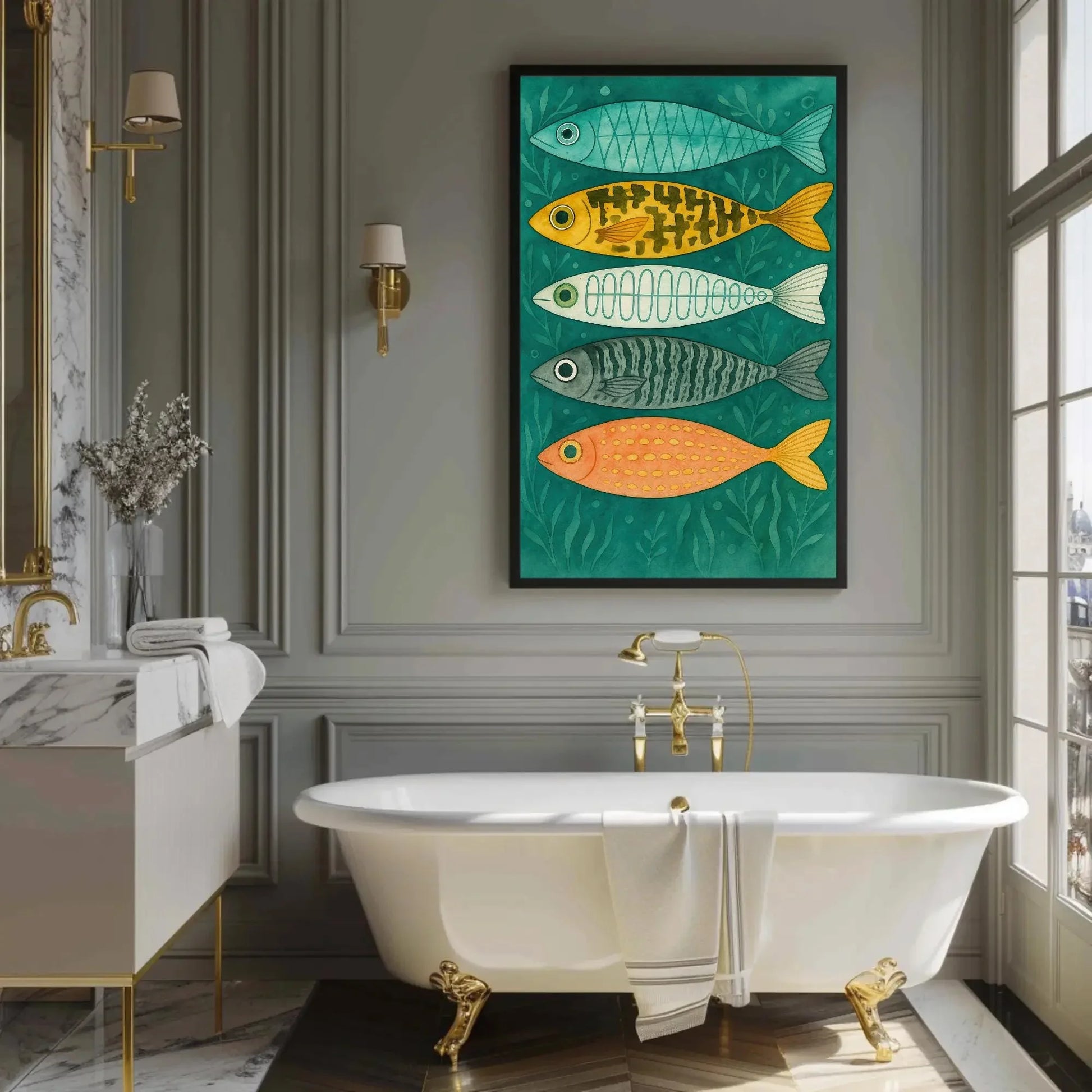 Colorful Fish Wall Art | Coastal Nursery Decor Print | Whimsical Kids Bathroom Art | Scandinavian Folk Art Fish Canvas Wall Art – Canvas Print