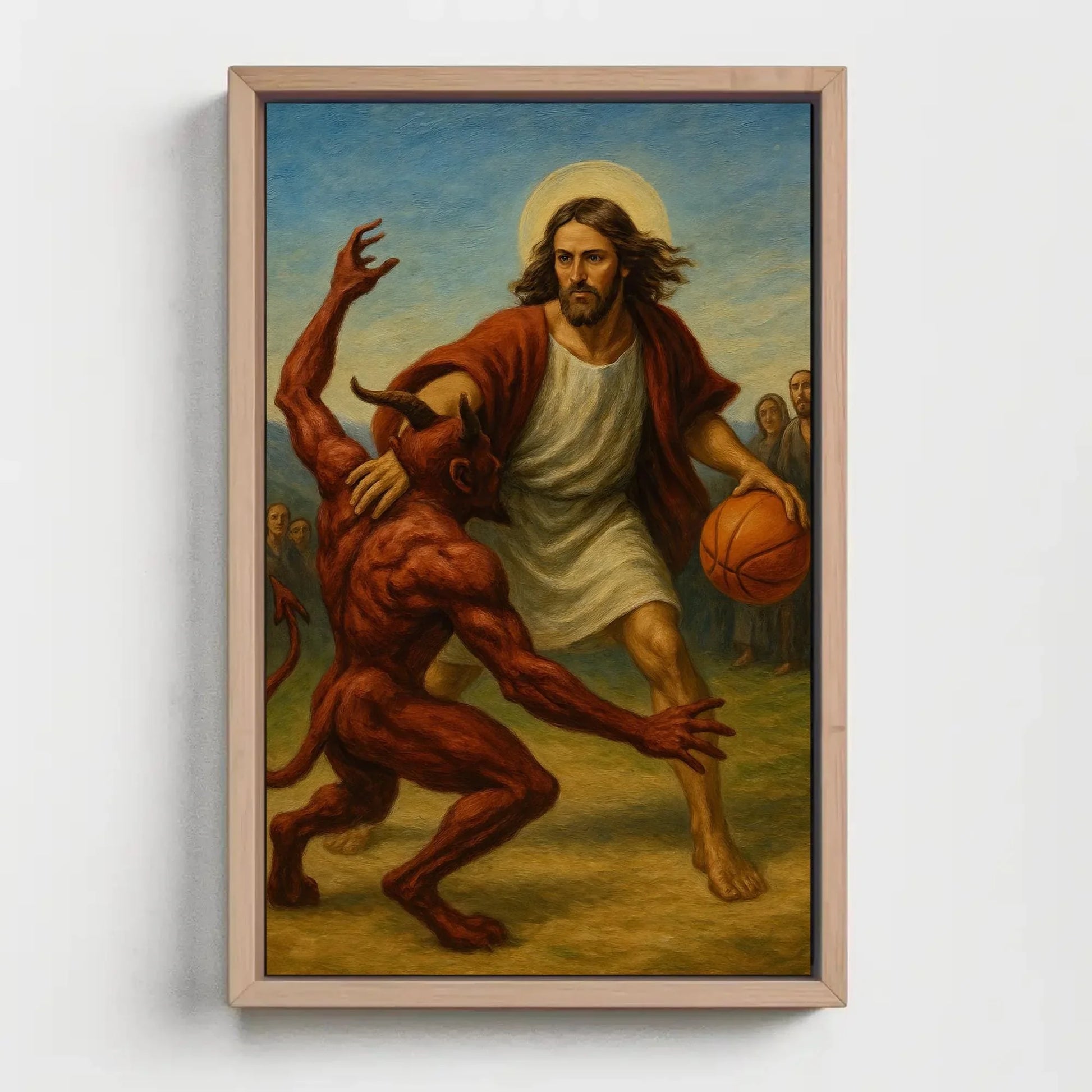 Funny jesus basketball canvas painting wall art for game room or ironic christian decor with devil one on one sports parody print Wall Art – Canvas Print