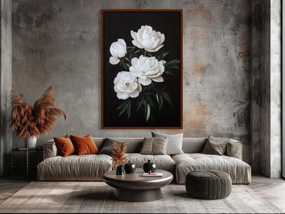 White Peonies on Matte Black Background Canvas Print - Elegant Floral Wall Art - Framed Modern Decor for Living Room, Bedroom, Ready to Hang Wall Art – Canvas Print