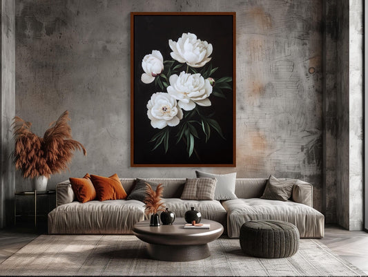 White Peonies on Matte Black Background Canvas Print - Elegant Floral Wall Art - Framed Modern Decor for Living Room, Bedroom, Ready to Hang Wall Art – Canvas Print