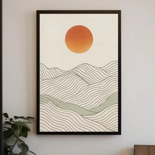 Minimalist Landscape Print | Japandi Wall Art | Abstract Sun and Hills Canvas | Boho Line Art with Neutral Tones Wall Art – Canvas Print