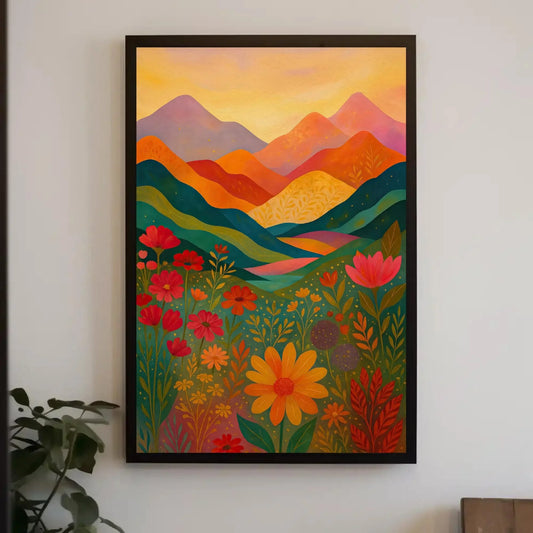 Colorful Mountain Landscape | Whimsical Folk Art Print | Maximalist Wall Decor | Joyful Flower Meadow Canvas for Nursery or Playroom Wall Art – Canvas Print