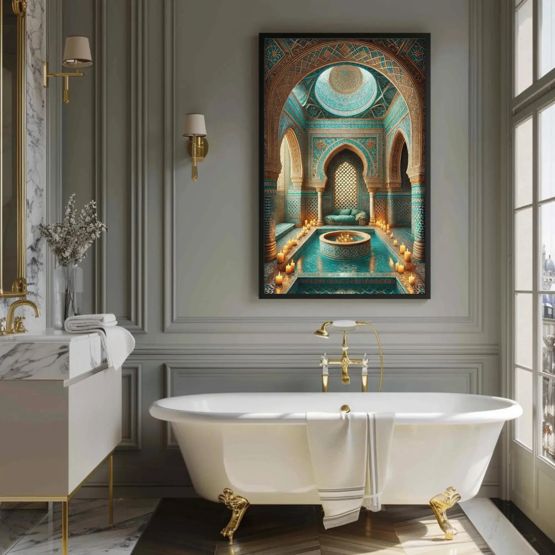 Moroccan Bathhouse Vertical Canvas Print | Traditional Moroccan Wall Art | Elegant Islamic Decor | Cultural Bathroom Artwork | Ready to Hang Wall Art – Canvas Print