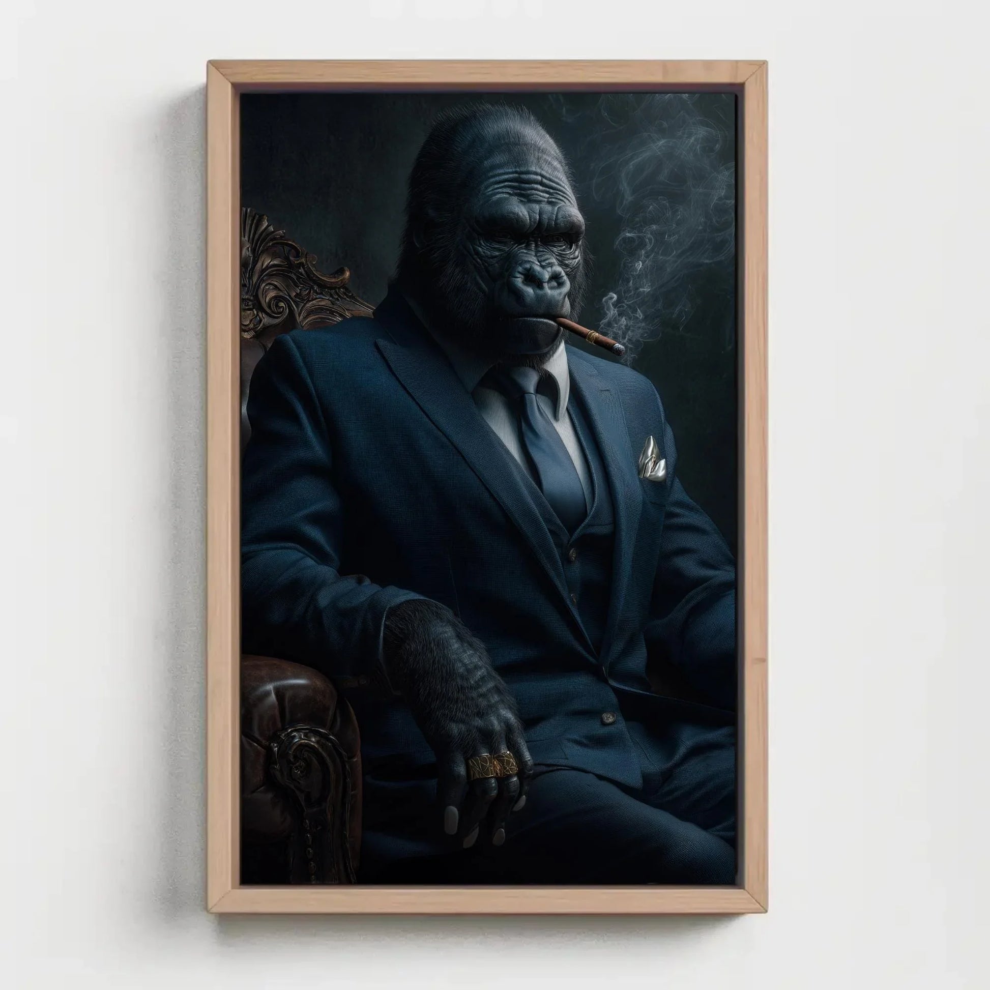 Gorilla in Suit Canvas Print, Extra Large Cigar Smoking Gorilla Wall Art, Bold Animal Portrait for Man Cave, Office, Modern Masculine Decor Wall Art – Canvas Print