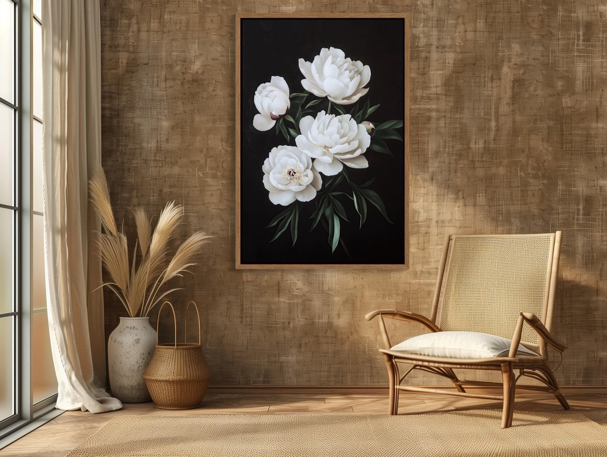 White Peonies on Matte Black Background Canvas Print - Elegant Floral Wall Art - Framed Modern Decor for Living Room, Bedroom, Ready to Hang Wall Art – Canvas Print