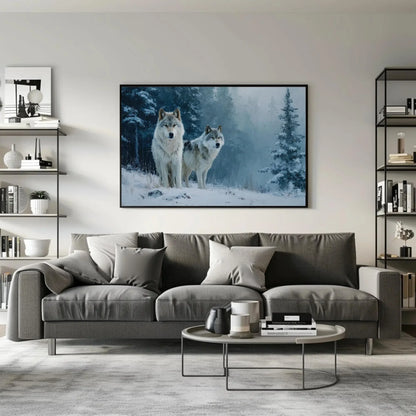 Wolf Pack Canvas Print | Winter Wolves Painting in Snowy Forest | Rustic Cabin Decor | Moody Wildlife Wall Art for Living Room or Office Wall Art – Canvas Print