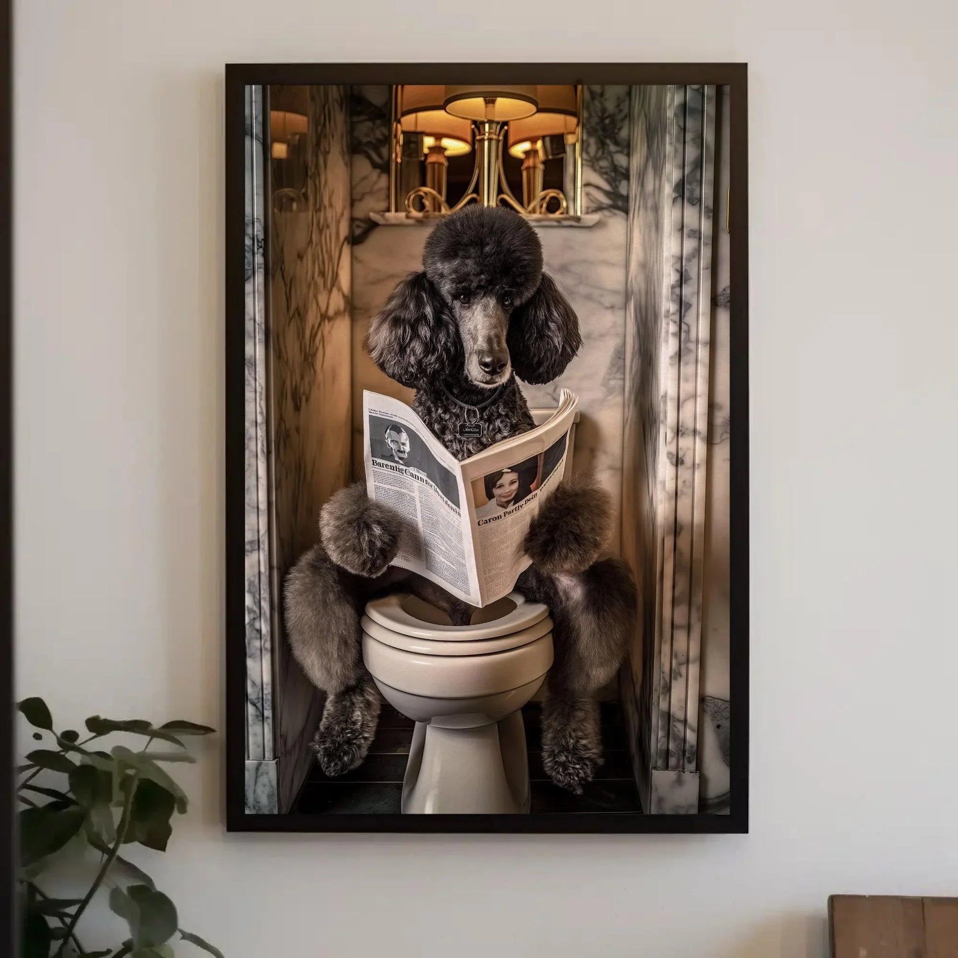 Black Poodle Dog Toilet Humor Wall Art - Dog Reading Newspaper - Funny Bathroom Canvas Print - Whimsical Bathroom Decor, Ready to Hang Wall Art – Canvas Print