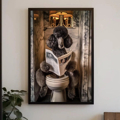 Black Poodle Dog Toilet Humor Wall Art - Dog Reading Newspaper - Funny Bathroom Canvas Print - Whimsical Bathroom Decor, Ready to Hang Wall Art – Canvas Print