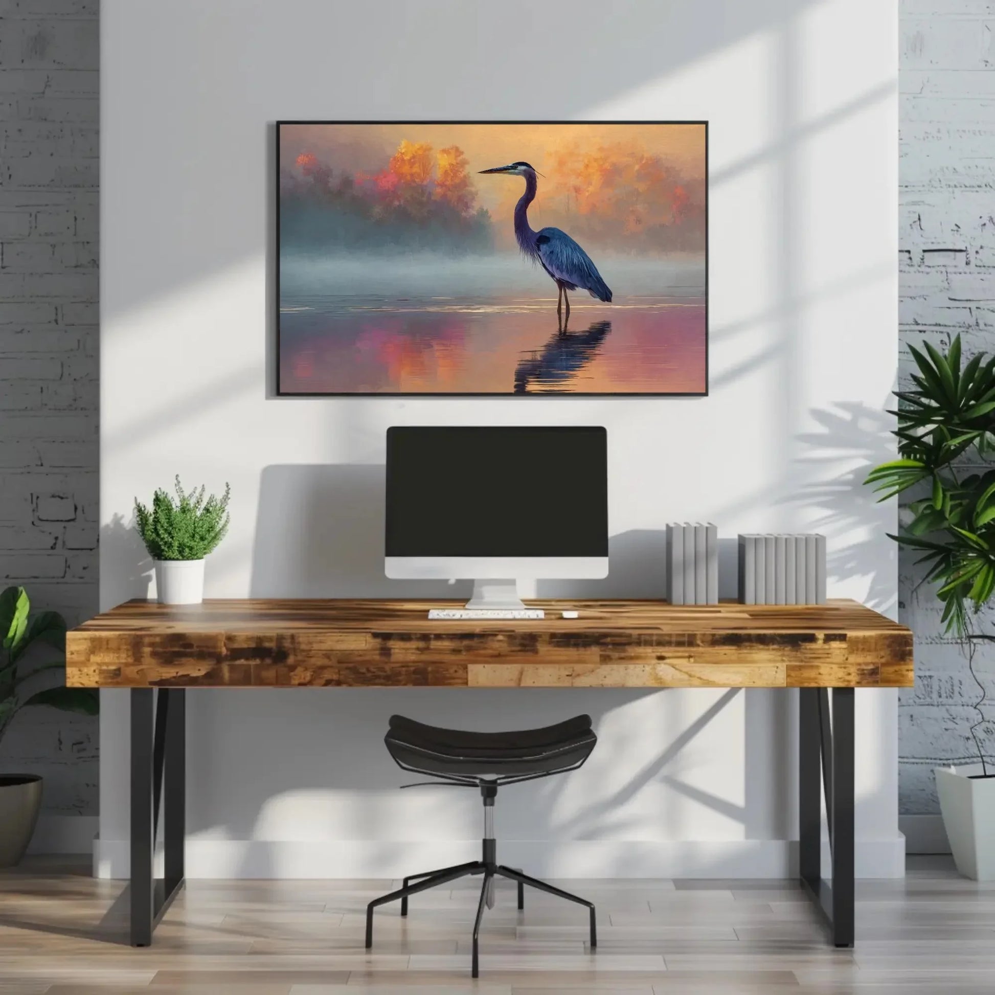 Great Blue Heron Print | Moody Coastal Bird Wall Art | Serene Lake Painting at Sunrise | Minimalist Nature Decor for Bedroom or Office Wall Art – Canvas Print