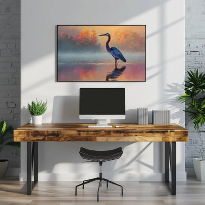 Great Blue Heron Print | Moody Coastal Bird Wall Art | Serene Lake Painting at Sunrise | Minimalist Nature Decor for Bedroom or Office Wall Art – Canvas Print