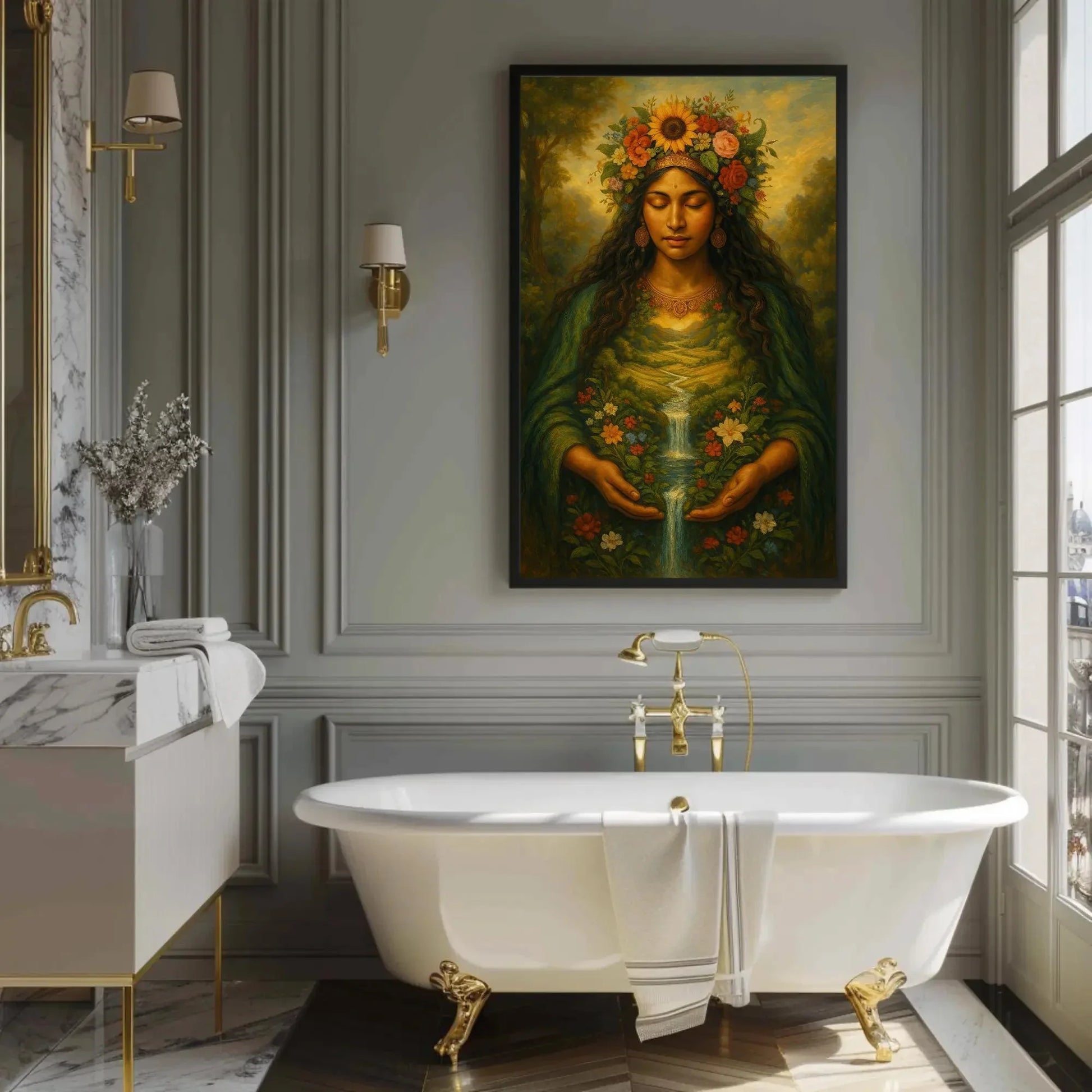 Pachamama earth goddess canvas painting wall art for nature inspired home decor with floral river landscape and divine feminine spirit Wall Art – Canvas Print
