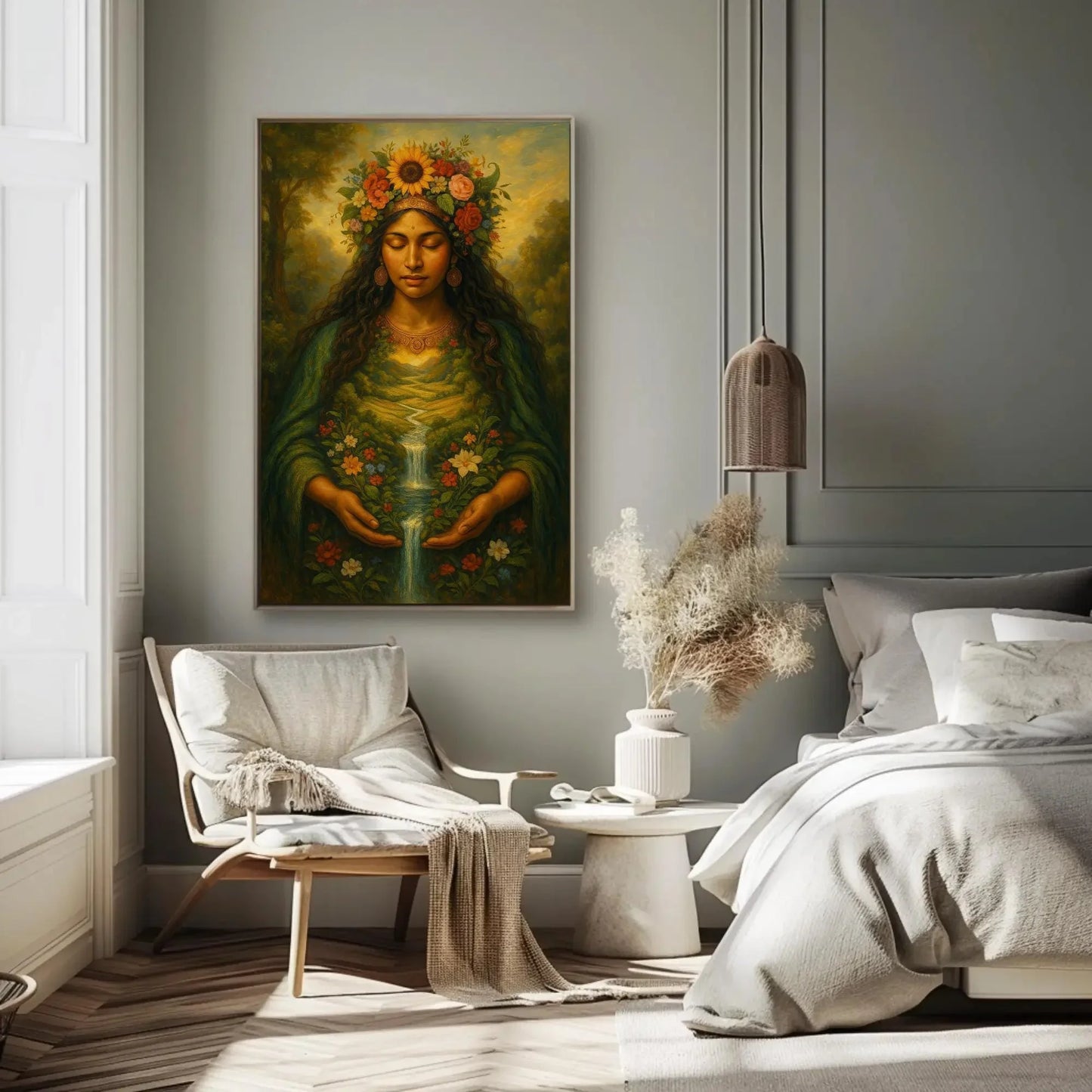 Pachamama earth goddess canvas painting wall art for nature inspired home decor with floral river landscape and divine feminine spirit Wall Art – Canvas Print