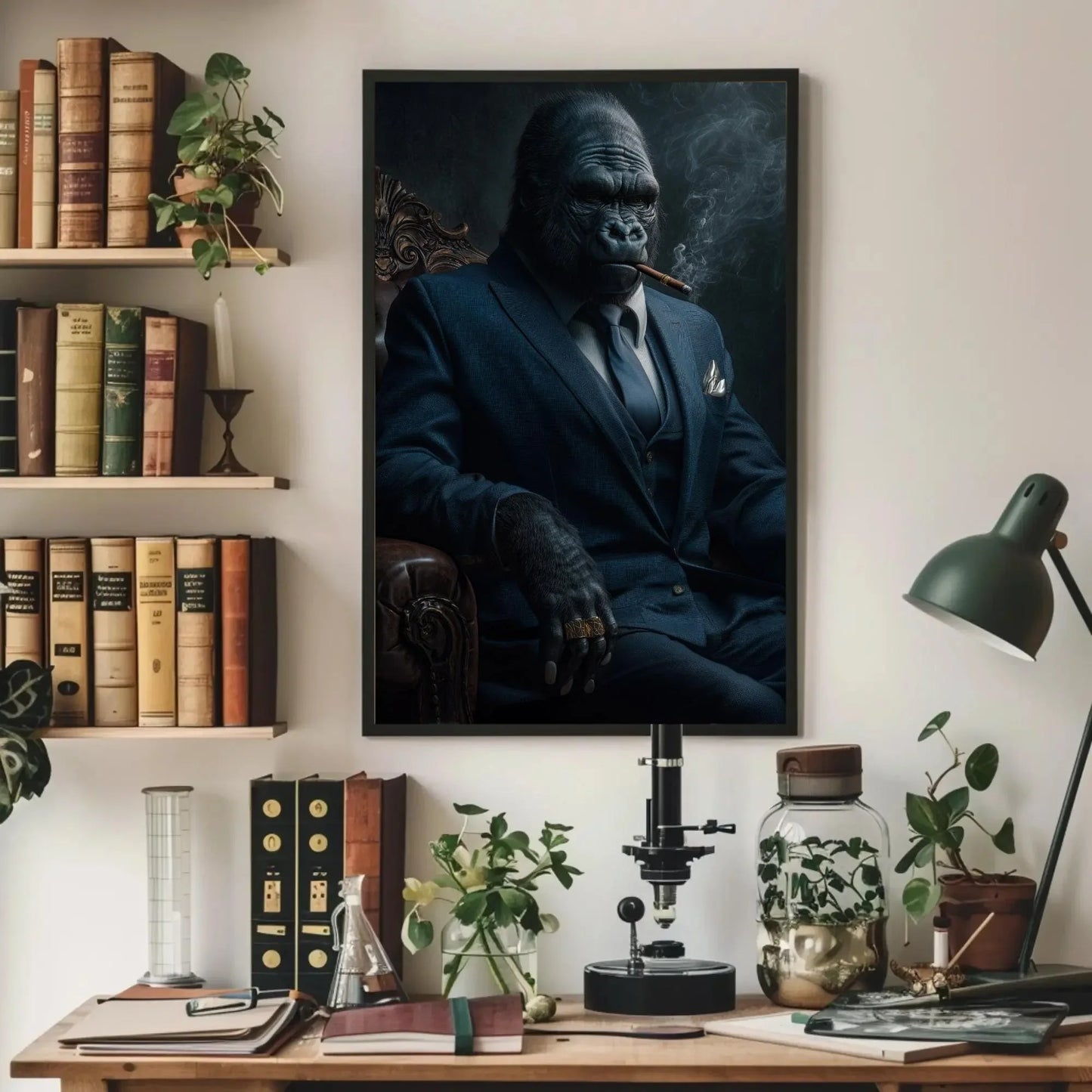 Gorilla in Suit Canvas Print, Extra Large Cigar Smoking Gorilla Wall Art, Bold Animal Portrait for Man Cave, Office, Modern Masculine Decor Wall Art – Canvas Print