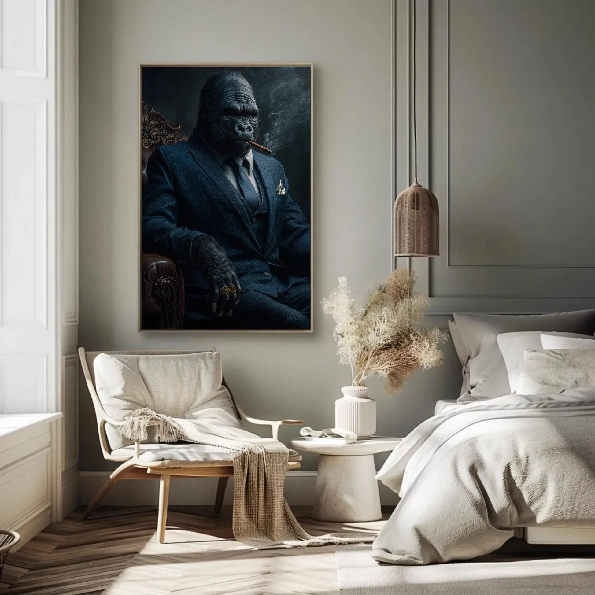 Gorilla in Suit Canvas Print, Extra Large Cigar Smoking Gorilla Wall Art, Bold Animal Portrait for Man Cave, Office, Modern Masculine Decor Wall Art – Canvas Print