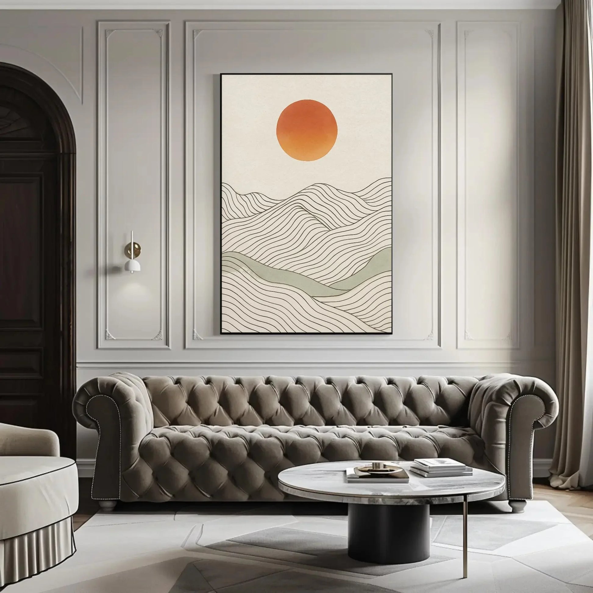Minimalist Landscape Print | Japandi Wall Art | Abstract Sun and Hills Canvas | Boho Line Art with Neutral Tones Wall Art – Canvas Print