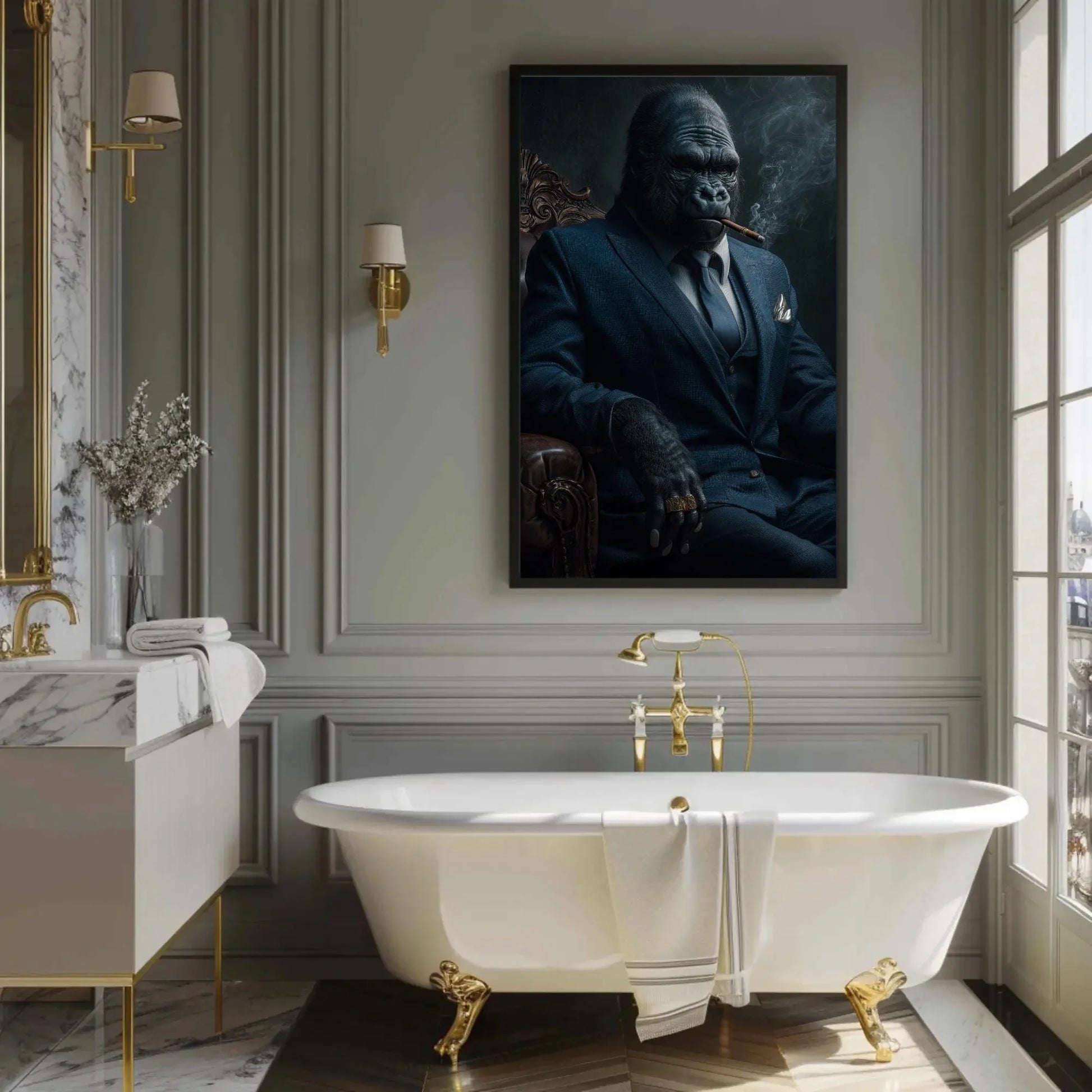 Gorilla in Suit Canvas Print, Extra Large Cigar Smoking Gorilla Wall Art, Bold Animal Portrait for Man Cave, Office, Modern Masculine Decor Wall Art – Canvas Print