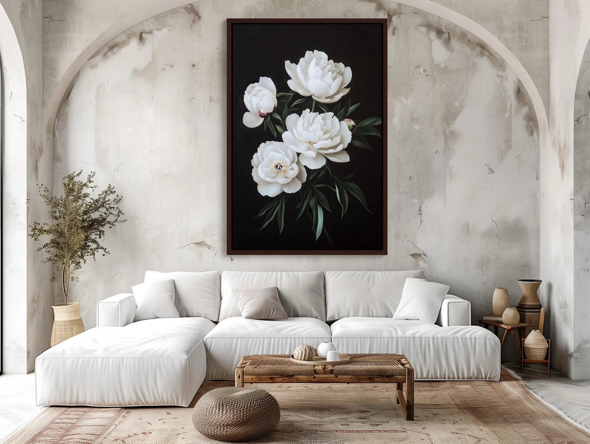 White Peonies on Matte Black Background Canvas Print - Elegant Floral Wall Art - Framed Modern Decor for Living Room, Bedroom, Ready to Hang Wall Art – Canvas Print