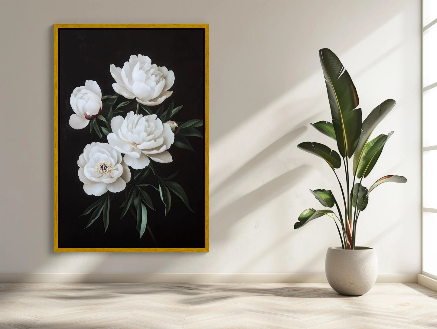 White Peonies on Matte Black Background Canvas Print - Elegant Floral Wall Art - Framed Modern Decor for Living Room, Bedroom, Ready to Hang Wall Art – Canvas Print