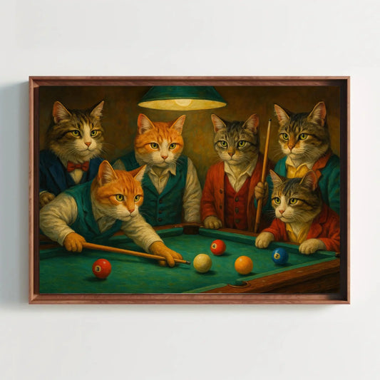 Cats Playing Pool Canvas Print Funny Animal Painting of Dressed Cats Shooting Billiards in Bar Art Wall Decor for Game Room or Lounge Wall Art – Canvas Print