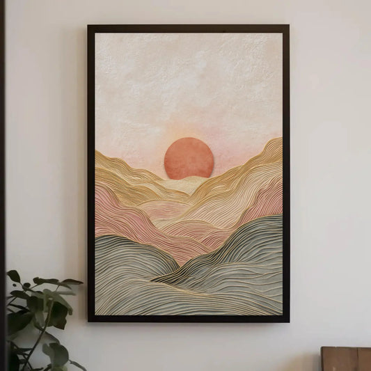 Japandi Wall Art | Minimalist Line Art Landscape | Abstract Sun and Hills Canvas | Terracotta Earth Tone Decor Wall Art – Canvas Print