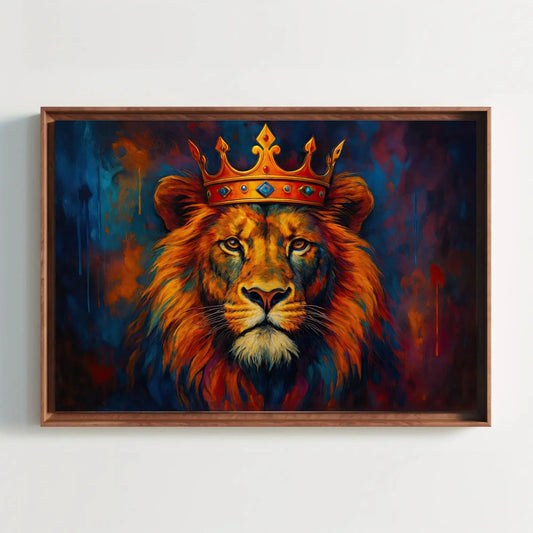 Lion with Crown Print | King of the Jungle Wall Art | Colorful Abstract Animal Painting | Man Cave or Office Decor Wall Art – Canvas Print